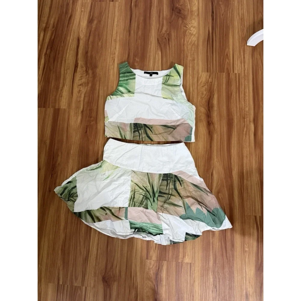 Tibi White Foliage Print Vacation Mini Skirt & Tank Top Set Size 0 Exotic Beach - Picture 1 of 6